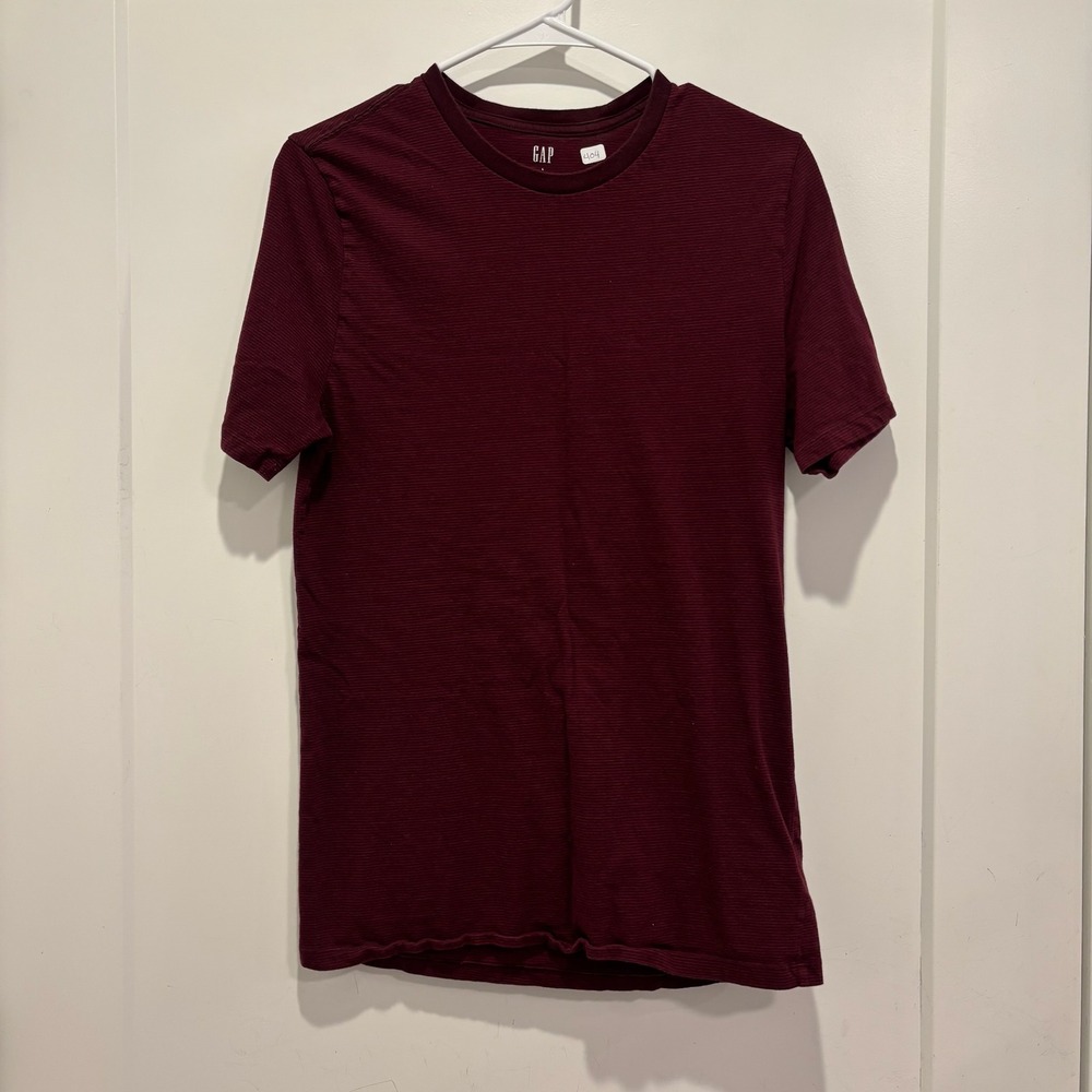 GAP Mens Everyday T-Shirt L Burgundy Maroon Micro Stripe Crewneck Short Sleeve